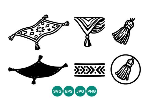 Decorative Tassels and Rug Elements: Bold Line Art for Design